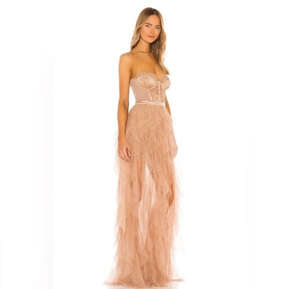 For Love and Lemons Elegant Warm Taupe Tulle Strapless Bustier Dress Gown - Picture 2 of 12